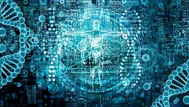 Transparent, glowing human outline with outstretched arms over a blue circuit board background.