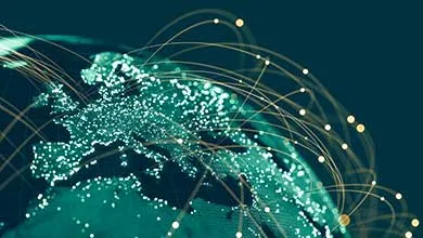 Blue Globe viewing from space at night with connections between cities.