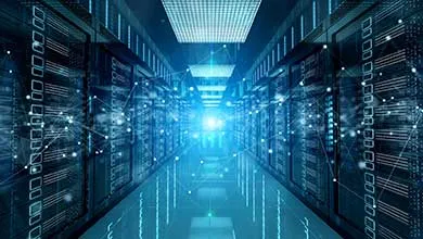Futuristic data center hallway with blue-lit server racks and a digital network graphic overlay.