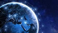 Earth seen from space at night, covered by a glowing blue network of connected lines and dots.