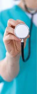 Female doctor holds stethoscope head closeup. Physicians ready to examine and help patient. Medical help and insurance in health care, best treatment and medicine concept.